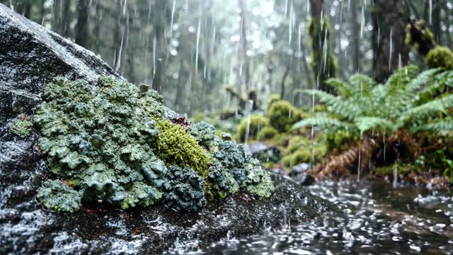 Lichen rosettes on a dark wet stone