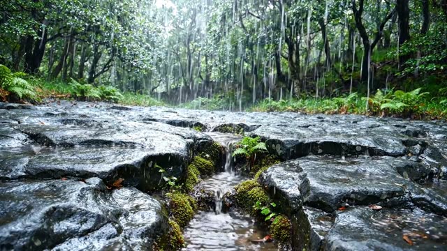 Rain on a section of dry limestone pavement in forest