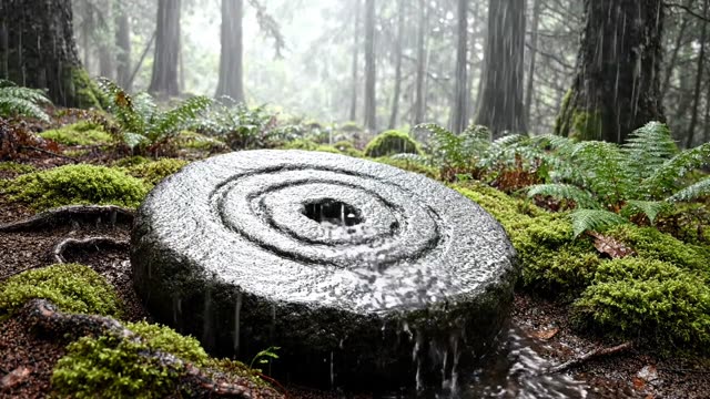An old millstone half-buried in forest floor in rain