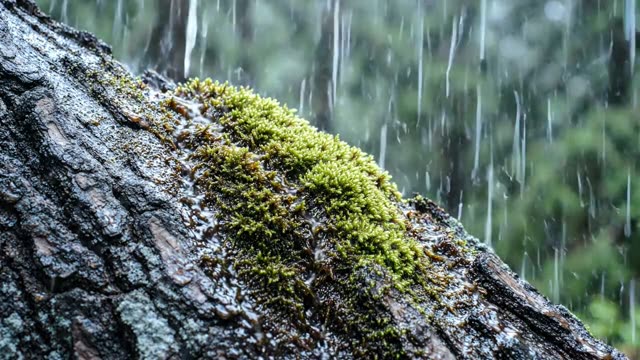 A section of bark with a tiny moss-filled crevice in rain