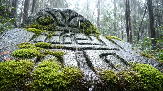 Ancient carved stone almost consumed by forest moss