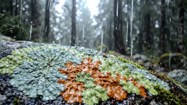 Rain on a patch of multicolour lichen