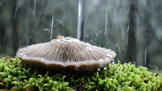 Rain on the layered gills of an overturned mushroom