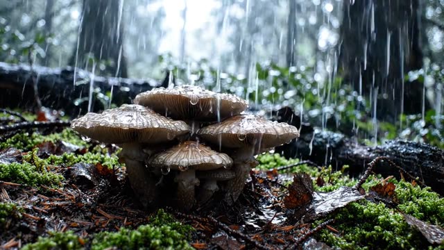 A cluster of brown roll-rim mushrooms in dark pine litter