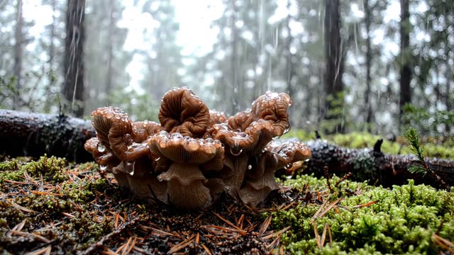 Rain falling on mushrooms in