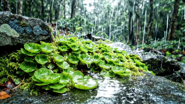 Rain on a colony of navelwort rosettes on a stone wall