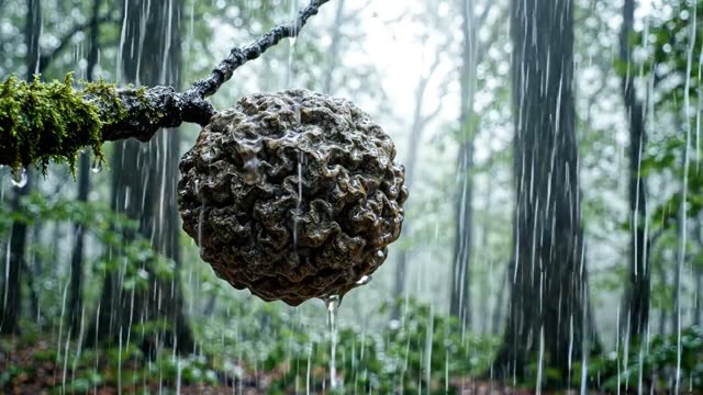 The textured surface of a dried oak gall in rain