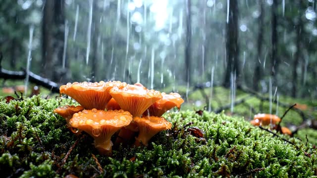 Bright orange chanterelles half-hidden in dark moss
