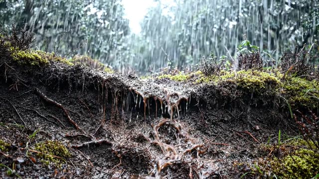 Rain on the surface of a dark peat hag face