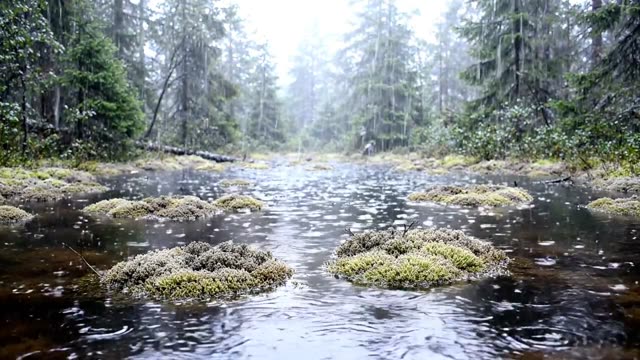 Rain on a dark peat pool with floating sphagnum islands