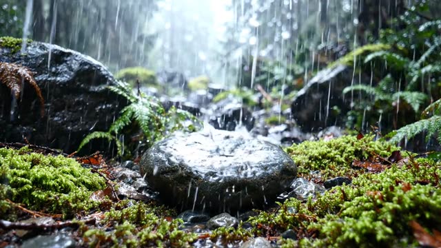 Rain on the pale surface of a sea-washed pebble in forest