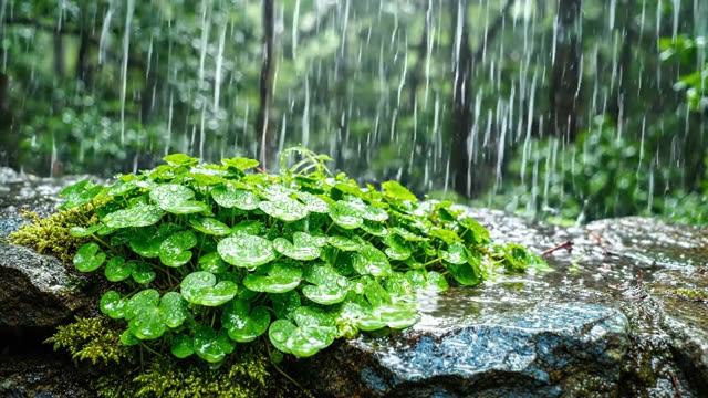 Rain on a colony of pennywort on a wet stone wall