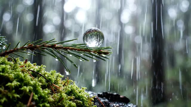 A perfect water sphere on a single pine needle in close-up