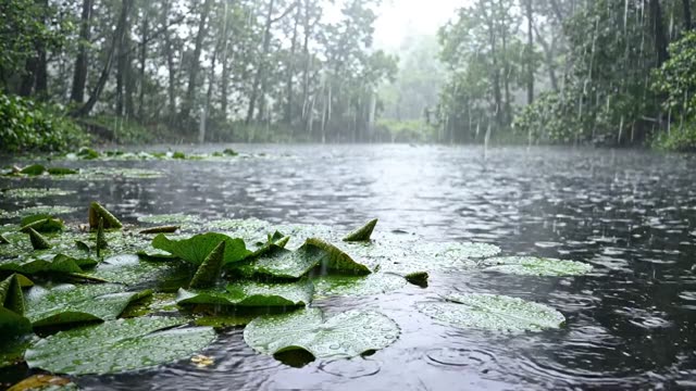 Rain on a pond half-covered with lily pads