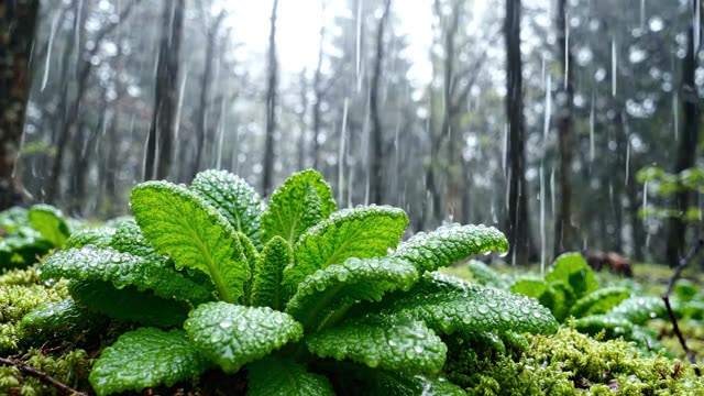 Rain on a colony of primrose leaves in early spring