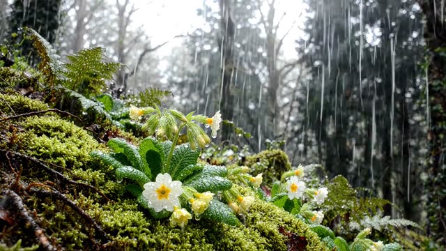 Rain on a section of ancient hedgerow bank with primroses