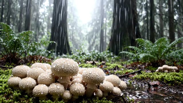 A mass of common puffball in a dark forest clearing