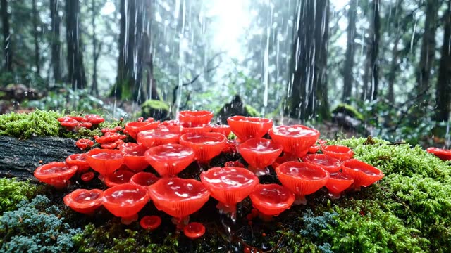 A spreading crust of scarlet elf cup fungi in rain