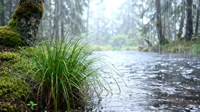 A clump of sedge grass at the edge of a forest pool