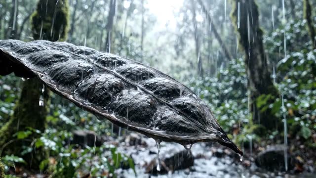 Rain on the corrugated surface of a large dried seed pod