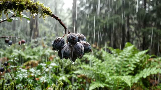 Rain on the surface of a dried sloe berry cluster