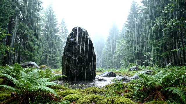A forest clearing with a single standing stone in rain