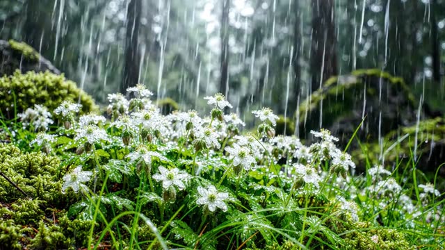 Rain on a colony of starwort stitchwort in forest grass