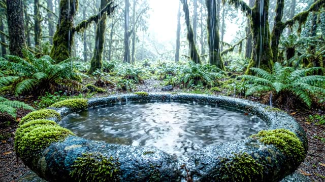 Rain on a stone bird bath in a forest clearing