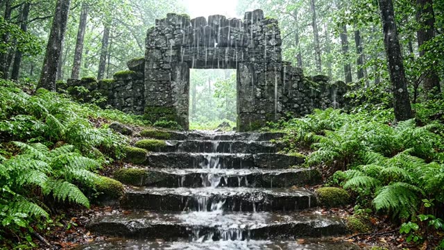 A stone forest gatehouse with worn steps in rain