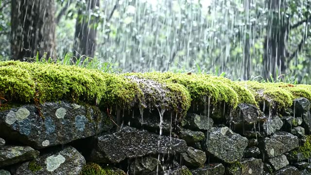 Rain on a section of ancient stone hedge with turfed top