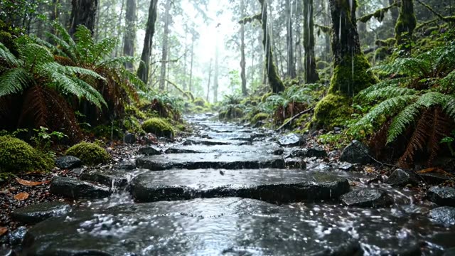 Smooth basalt stepping stone path receding in rain