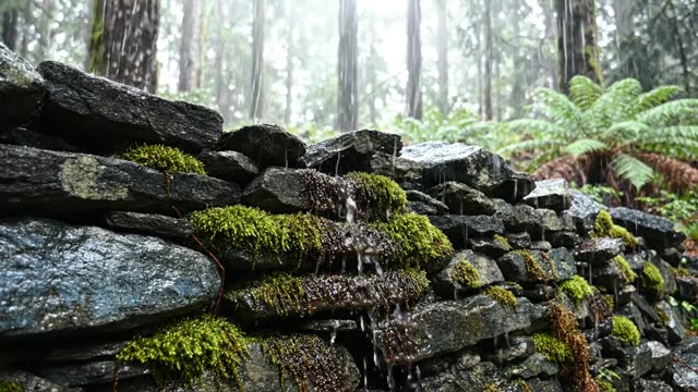 A fieldstone wall with deep moss-filled mortar joints
