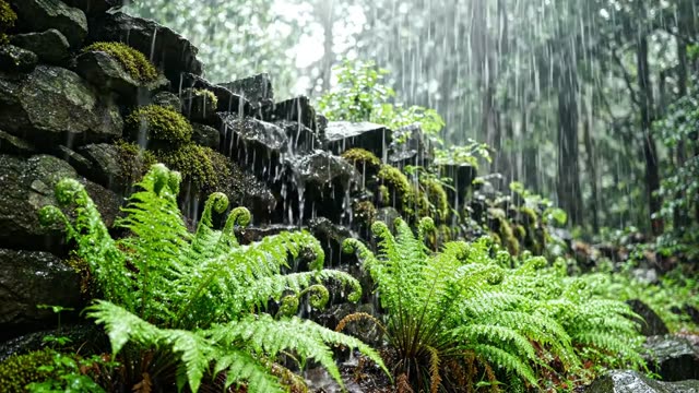 A crumbling forest stone wall base engulfed in ferns