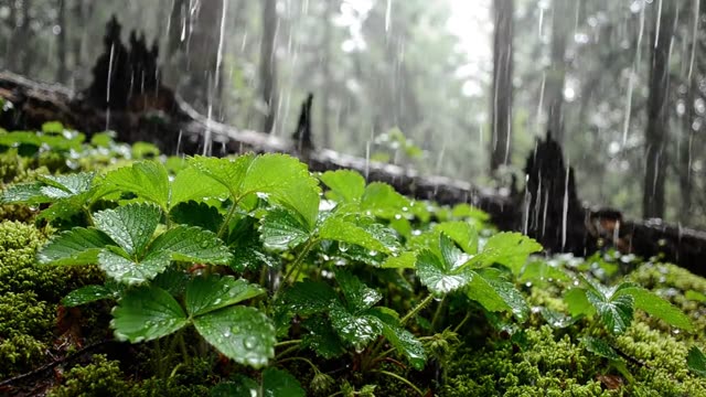 A sprawling patch of wild strawberry leaves in rain