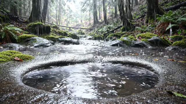 A series of deep pot holes in a stream bed in rain
