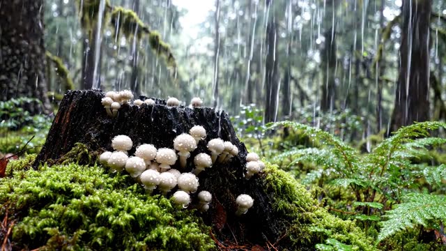 A colony of stump puffballs on a rotting forest stump