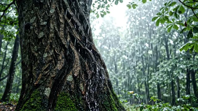 Rain on the deeply channelled bark of an old sweet chestnut