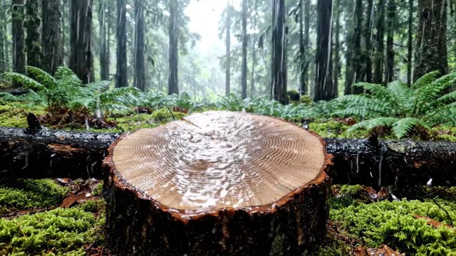 Rain on the cut face of an oak log revealing growth rings