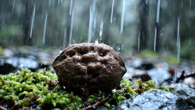 The grooved surface of a walnut shell in rain