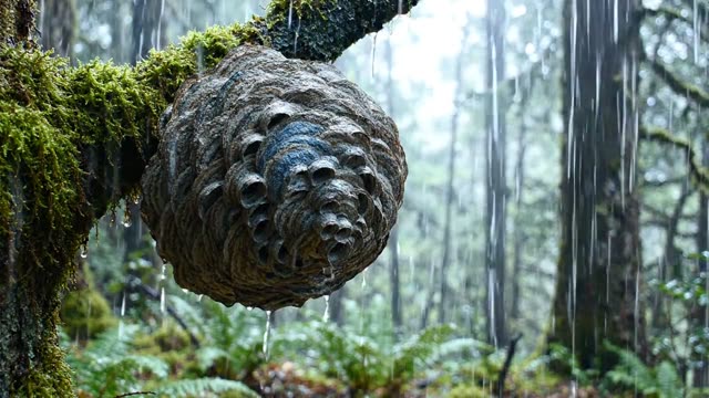 The surface of an old wasp nest in rain