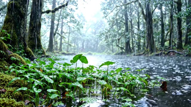 Rain on a colony of thin-leaved water-plantain at pool edge