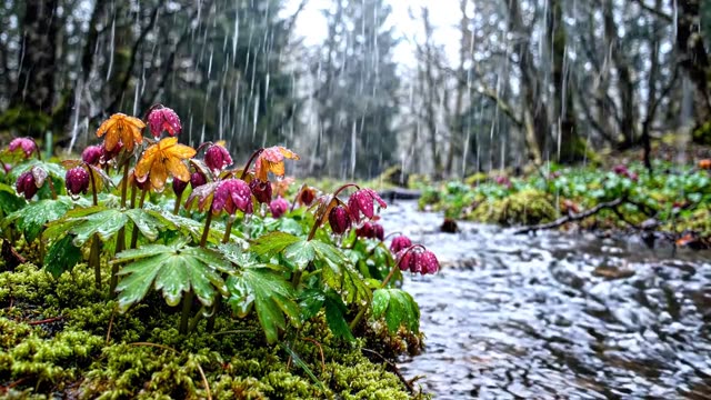Rain on a colony of water avens at a stream bank