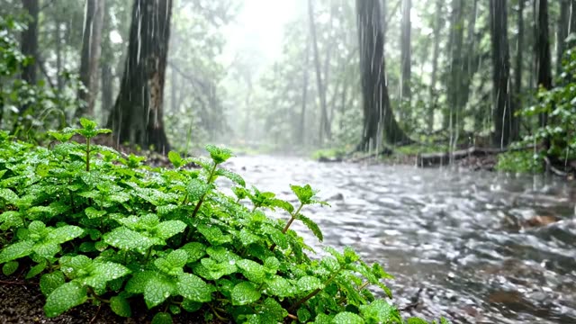 Rain on a colony of water mint at stream edge