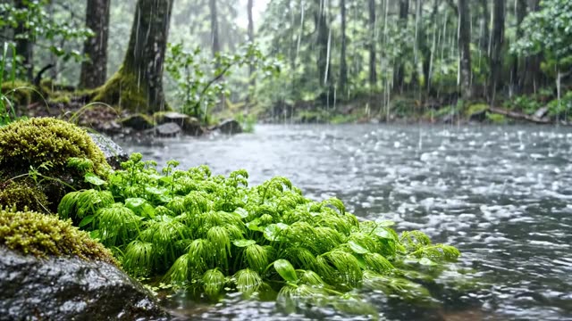 Rain on a colony of alternate water-milfoil at pool edge