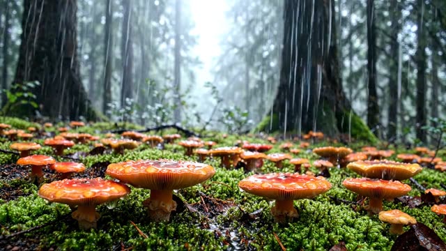 A field of waxcaps in a dark forest glade in rain