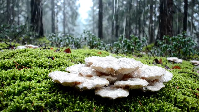 White saddle fungi on a mossy forest floor