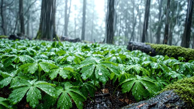 A carpet of wood anemone leaves in rain