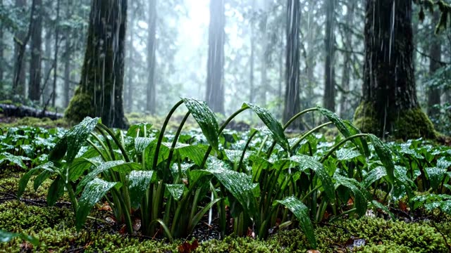 Rain on a colony of wood club-rush in a dark clearing