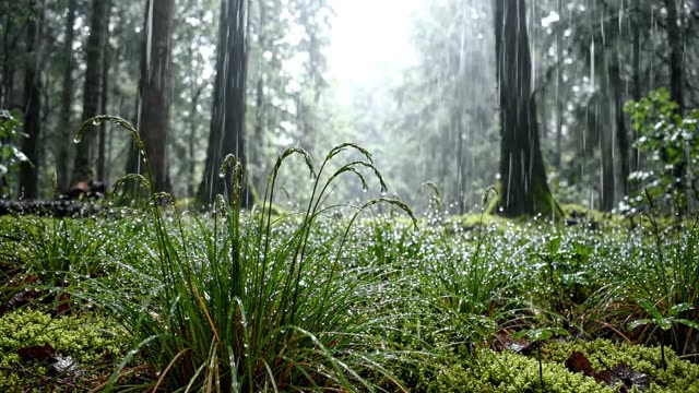 A stand of wood rush in a dark forest clearing