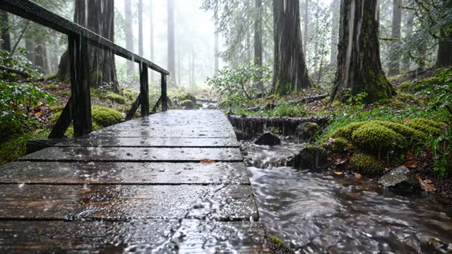 An old wooden footbridge over a forest stream